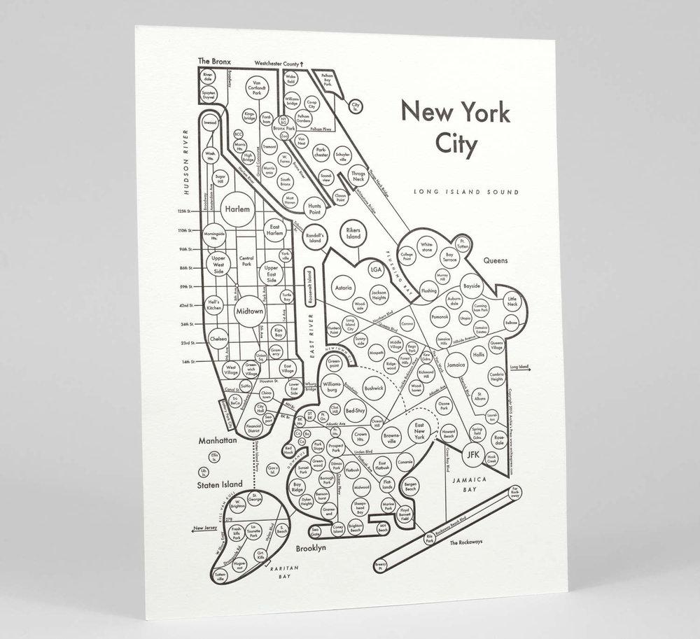 New York City Letterpress Map Chart