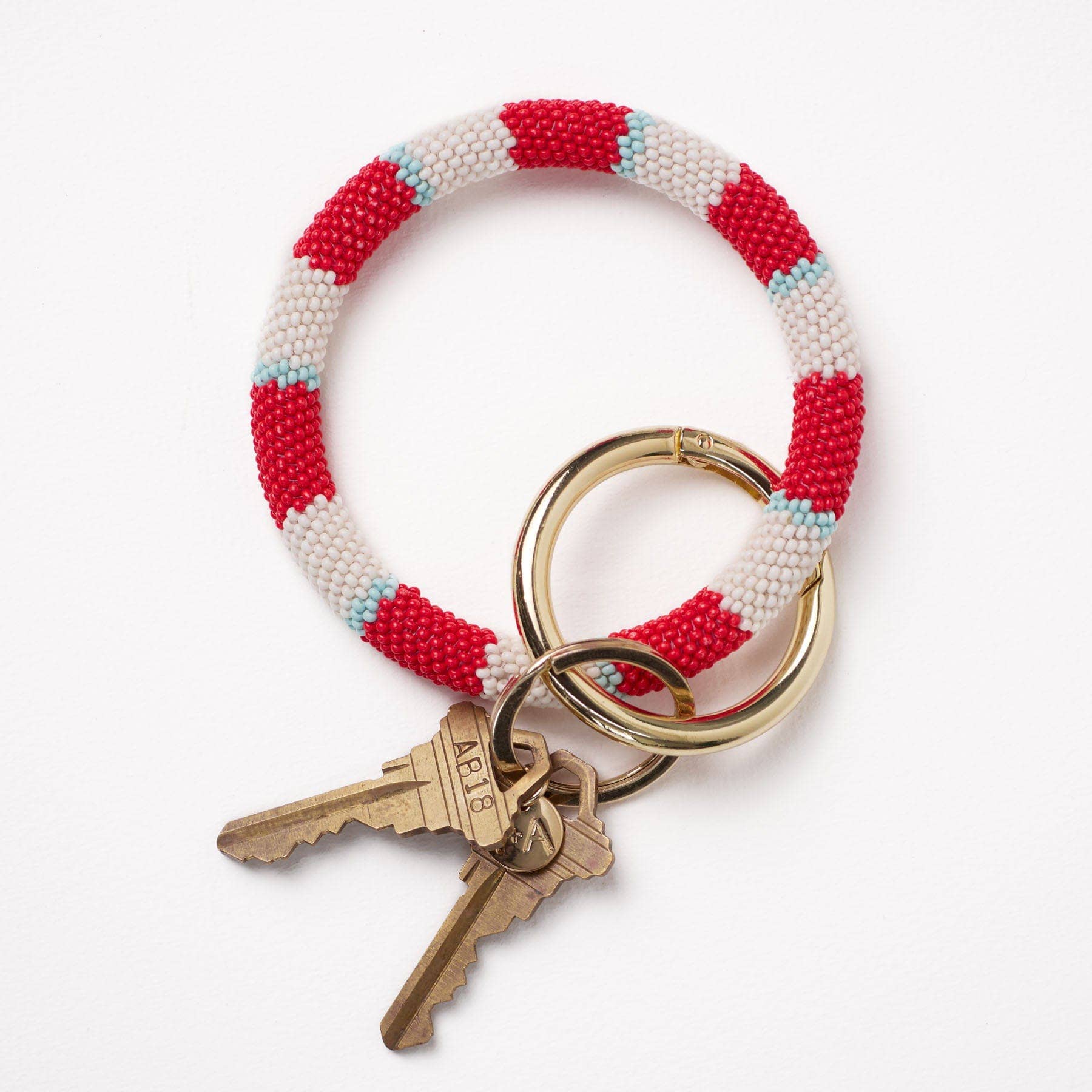 Chloe Stripe Beaded Key Ring Bracelet Red, Light Blue, + Ivory Wholesale
