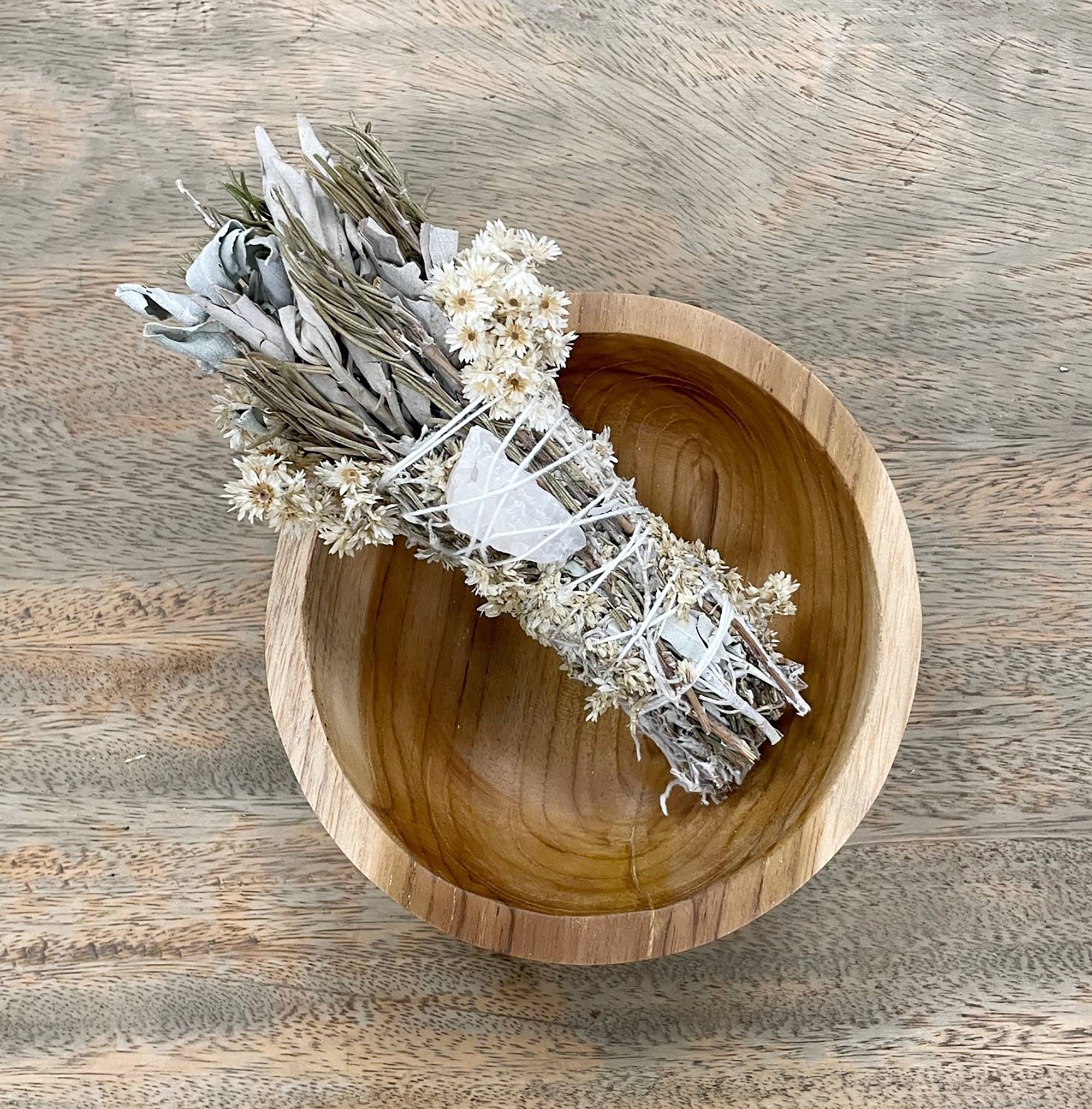 Rosemary + Sage Floral Smudge Wand with Quartz Crystal