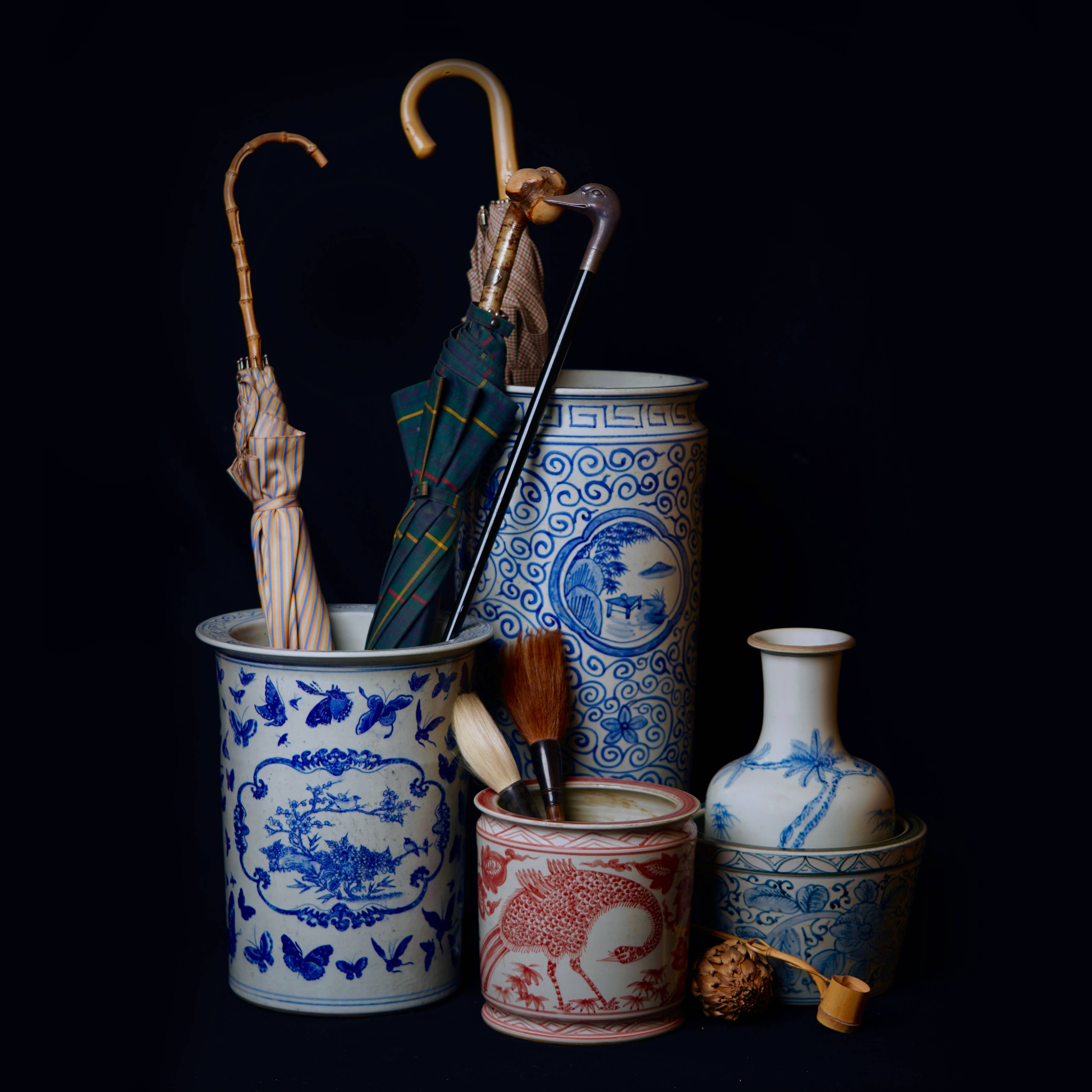 Tall Blue + White Landscape Porcelain Umbrella Stand