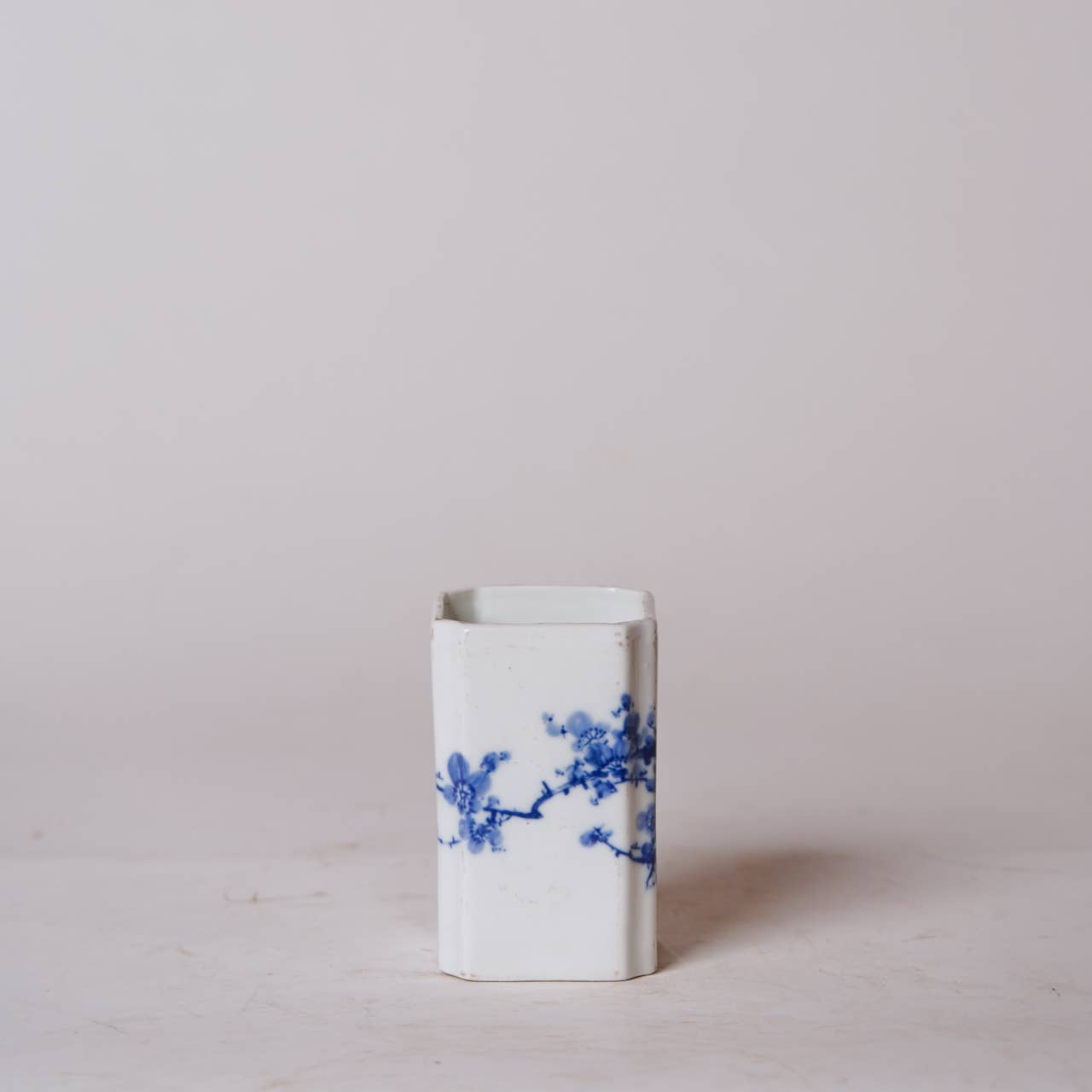 1920s Blue and White Porcelain Cherry Blossom Square Vase