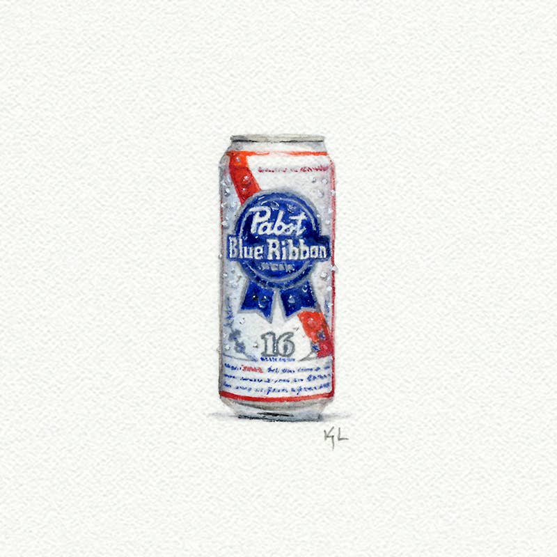Pabst Blue Ribbon Beer Can Miniature Watercolor Painting - Art Print