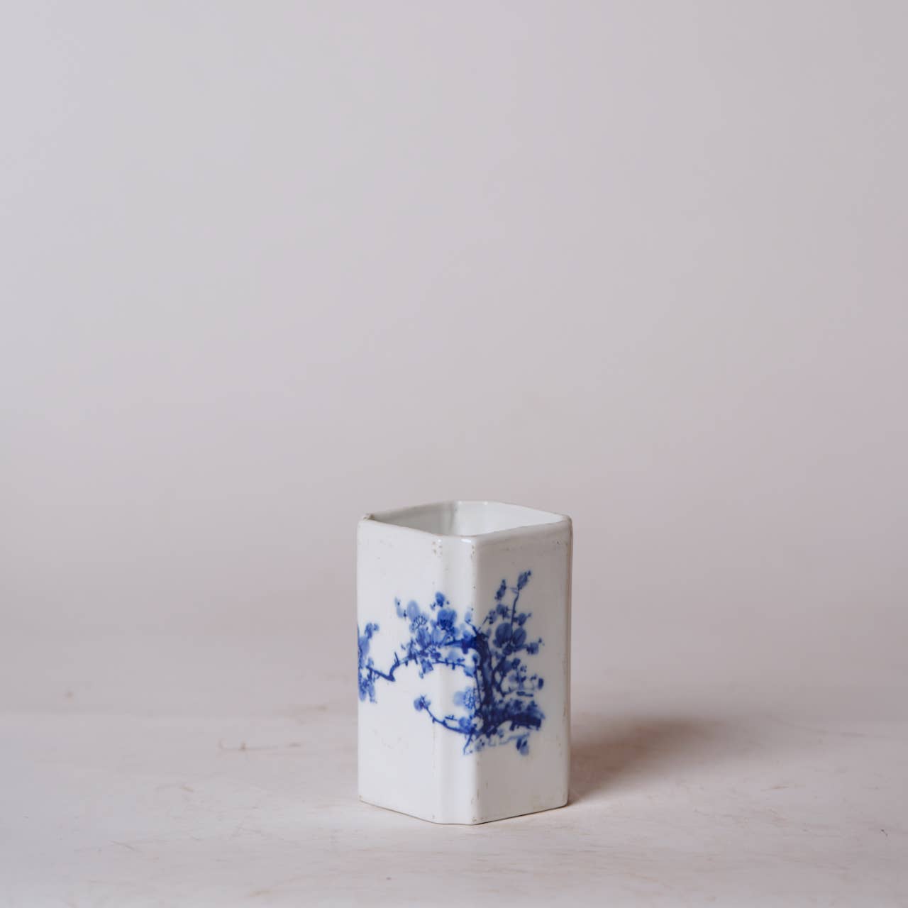 1920s Blue and White Porcelain Cherry Blossom Square Vase