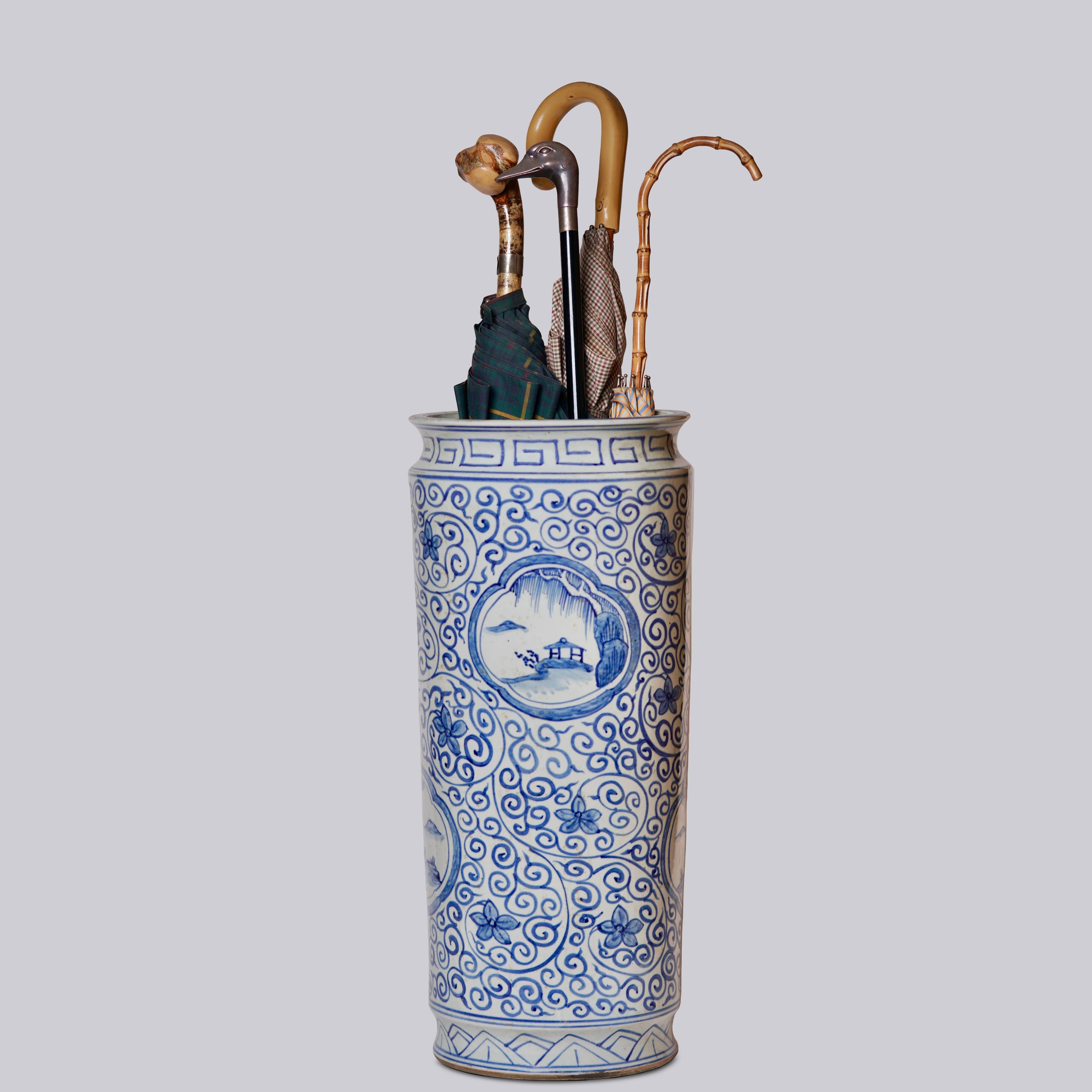 Tall Blue + White Landscape Porcelain Umbrella Stand