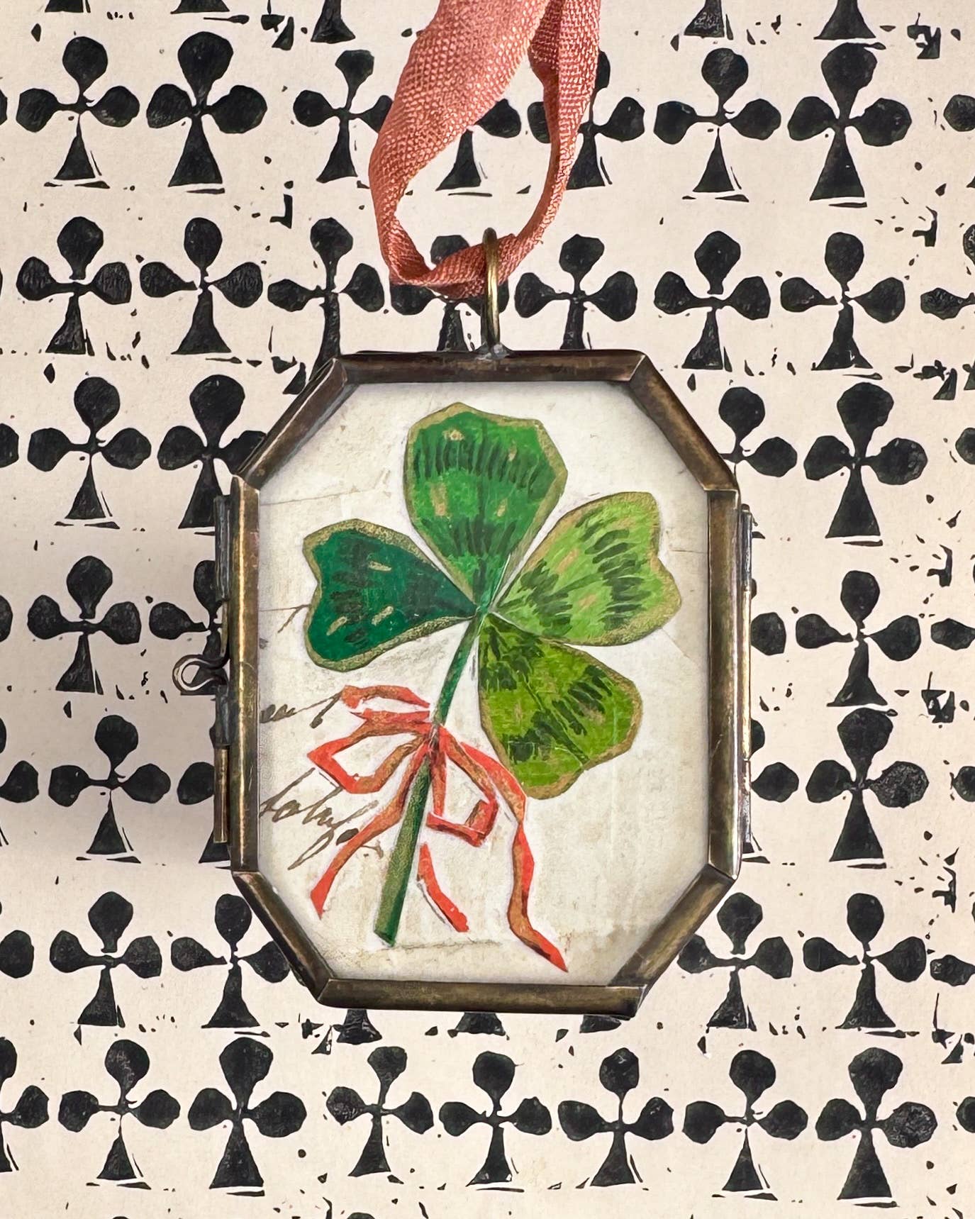 Clover with Bow ~ Handmade Art Locket Ornament  