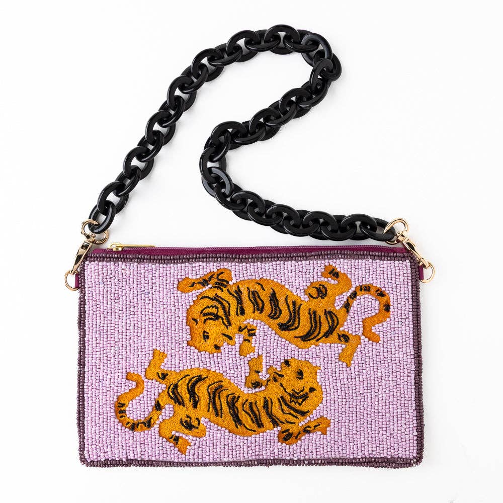 Elenor Embroidered Tiger Beaded Bag Purple