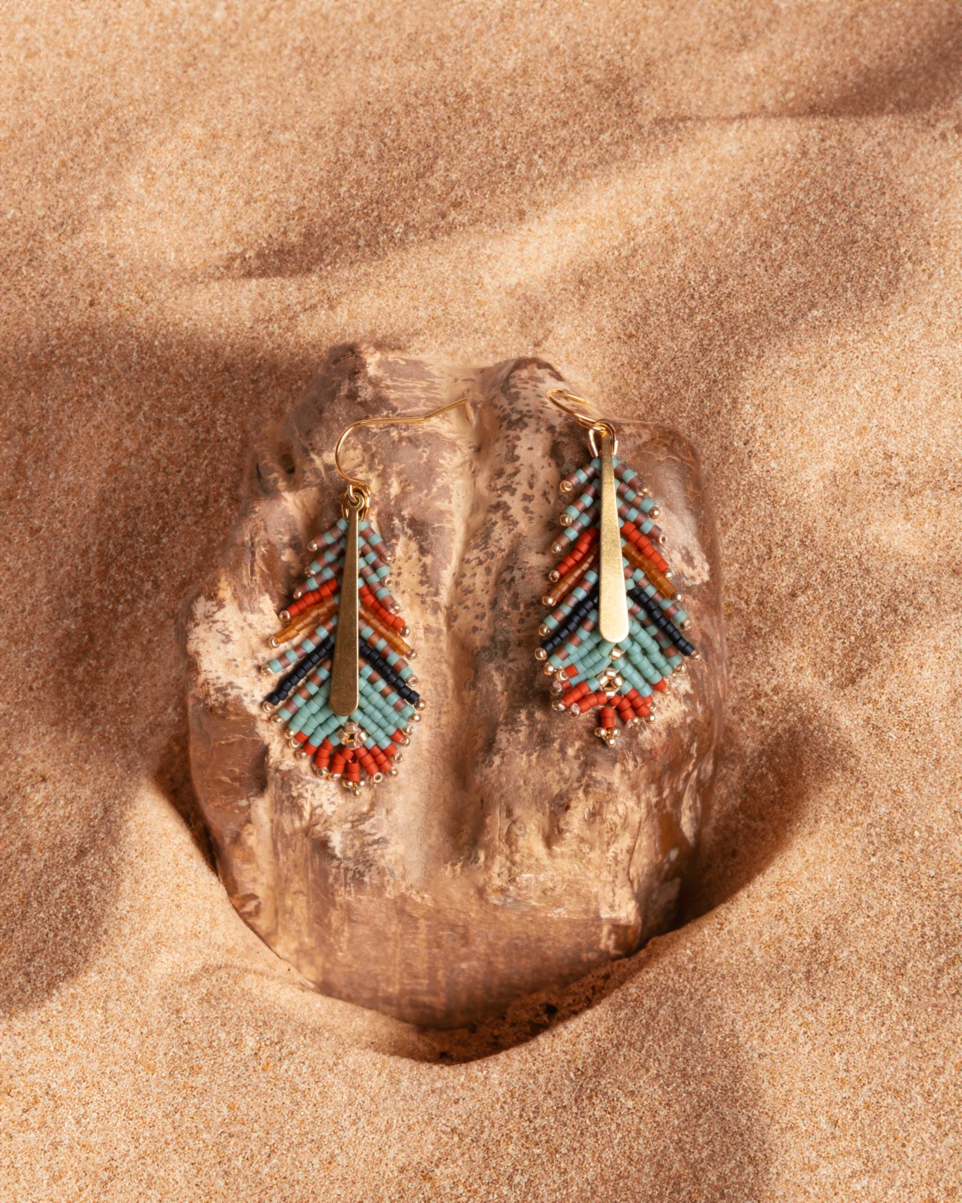 Beaded Handwoven Gilded Feather Earrings (Rust/Aqua)