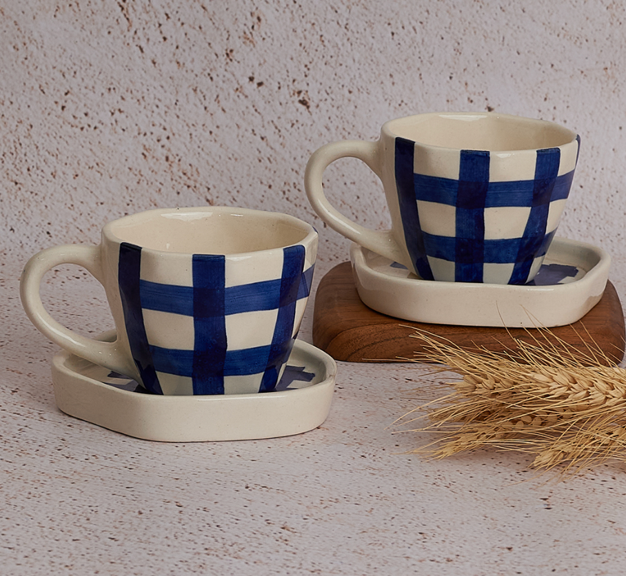 Gingham Check Cup and Saucer Set- Indigo