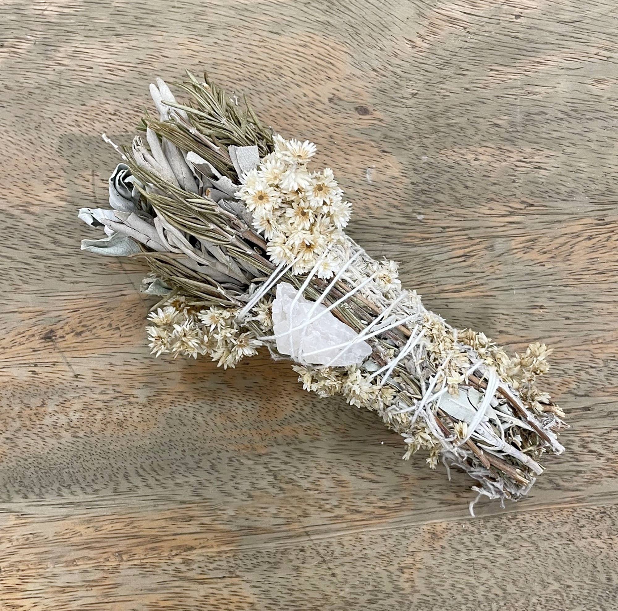 Rosemary + Sage Floral Smudge Wand with Quartz Crystal