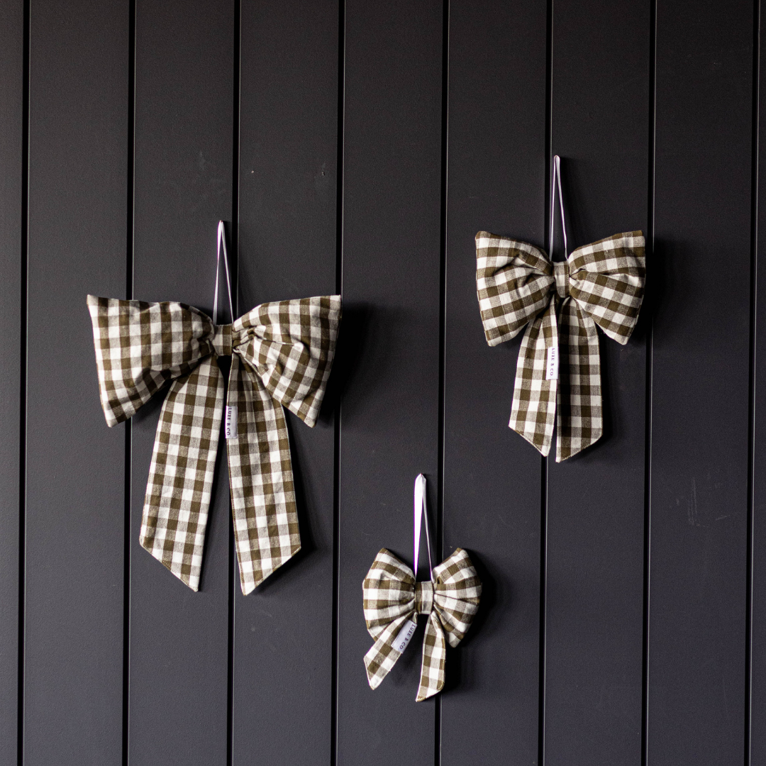 Bows Olive Green Gingham Fabric