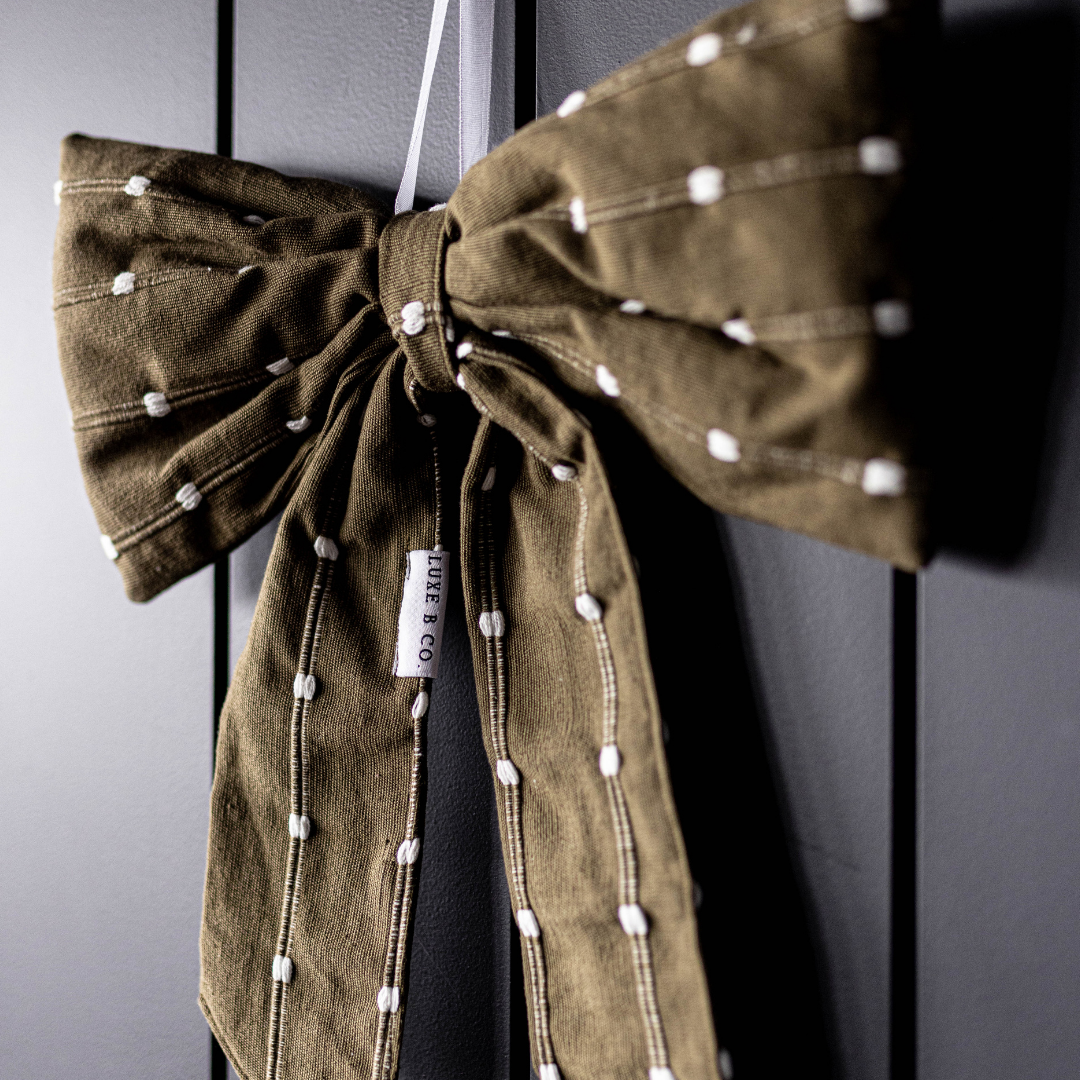 Bows Olive Green & White Dotted Stripe Fabric