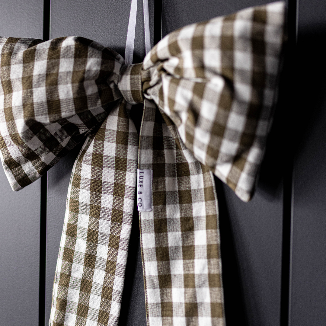 Bows Olive Green Gingham Fabric