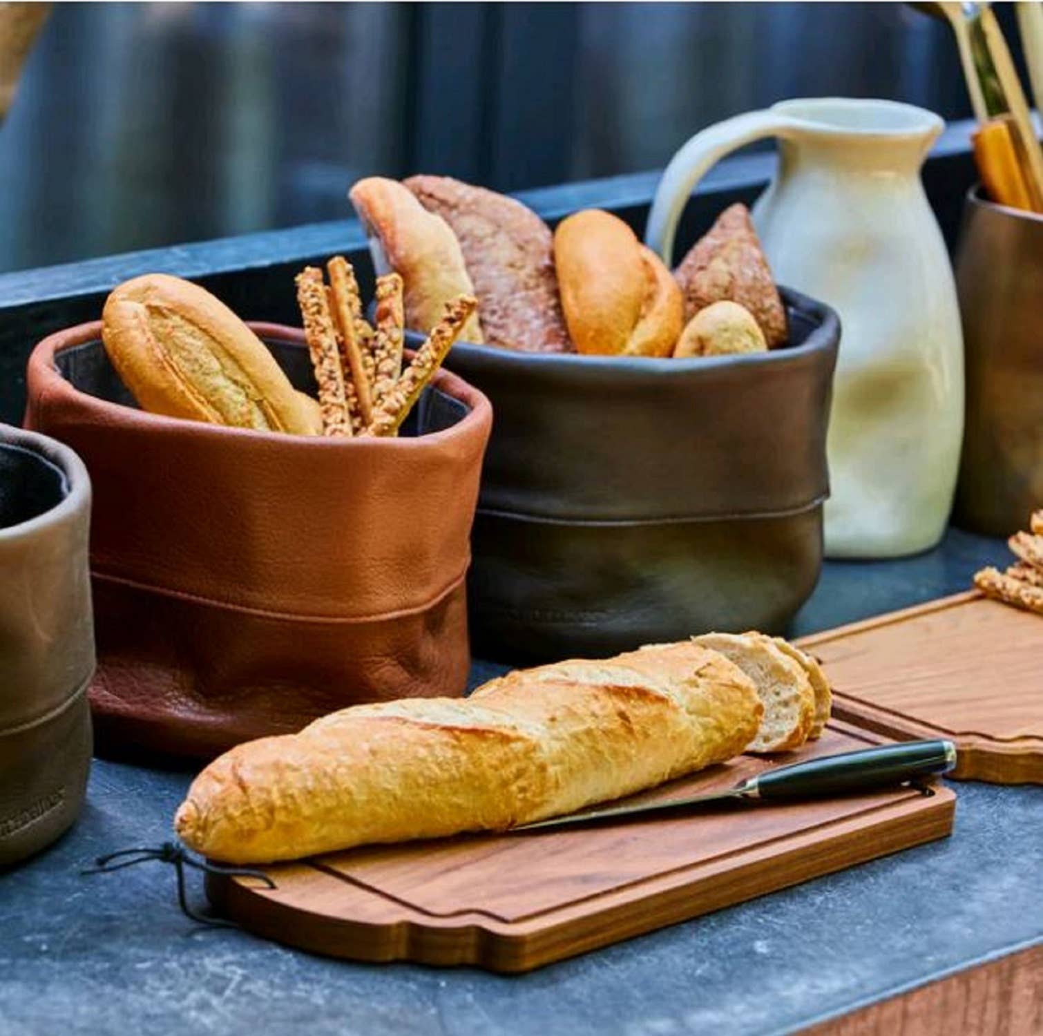 Vintage Cognac Leather Bread Basket