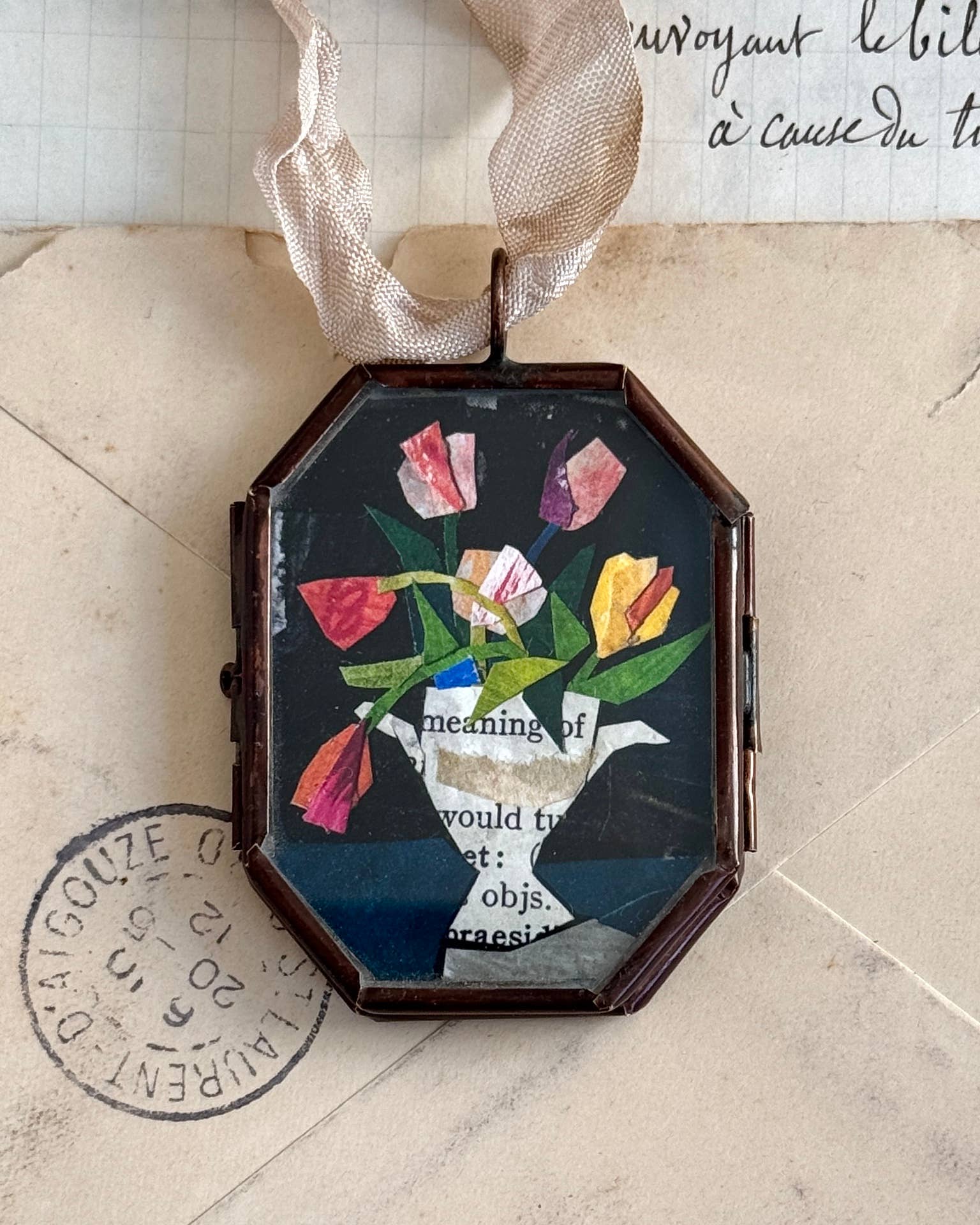 Tulips in Urn ~ Handmade Art Locket Ornament