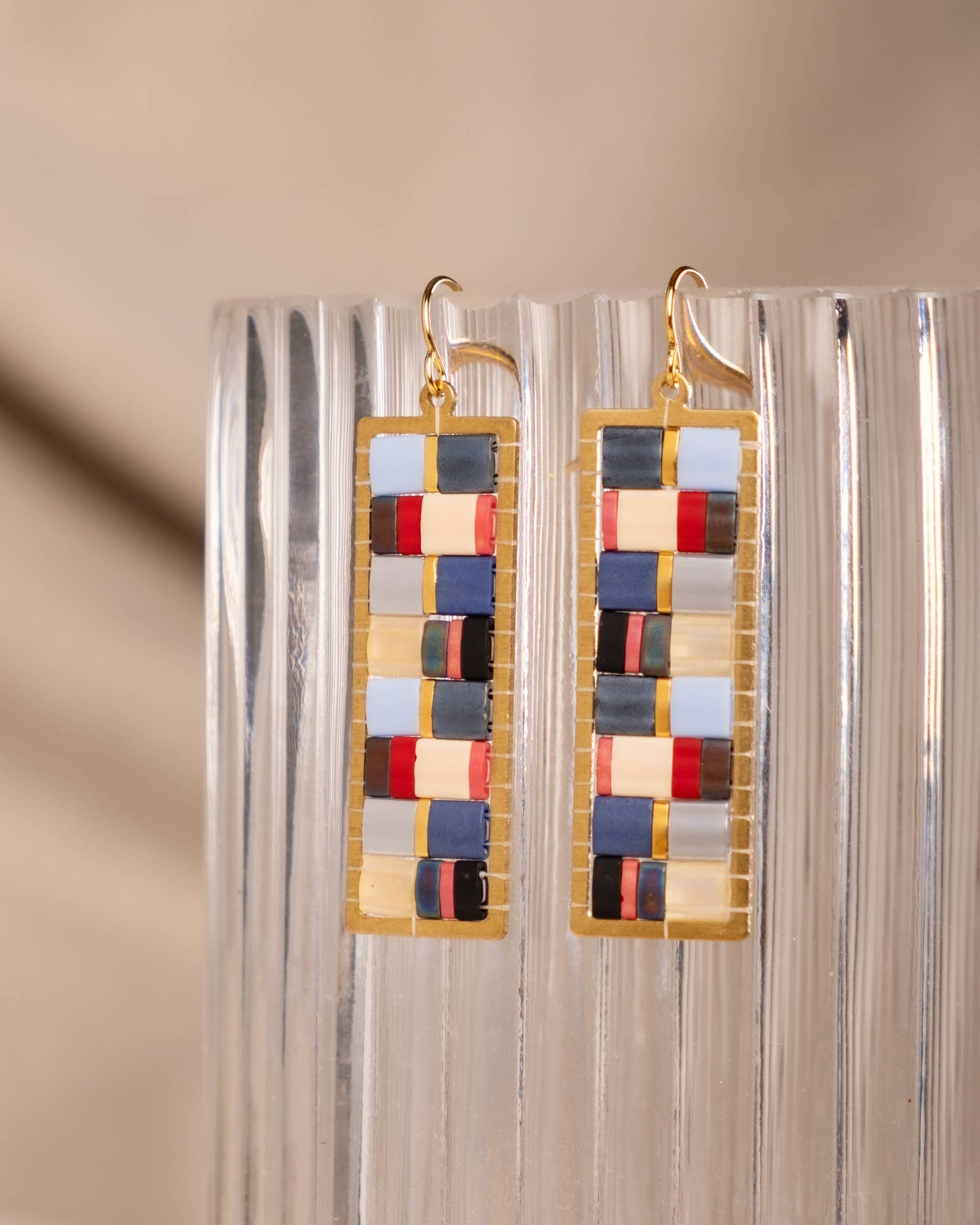 Beaded Handwoven Mosaic Tila and Brass Earrings (Blue/Red)