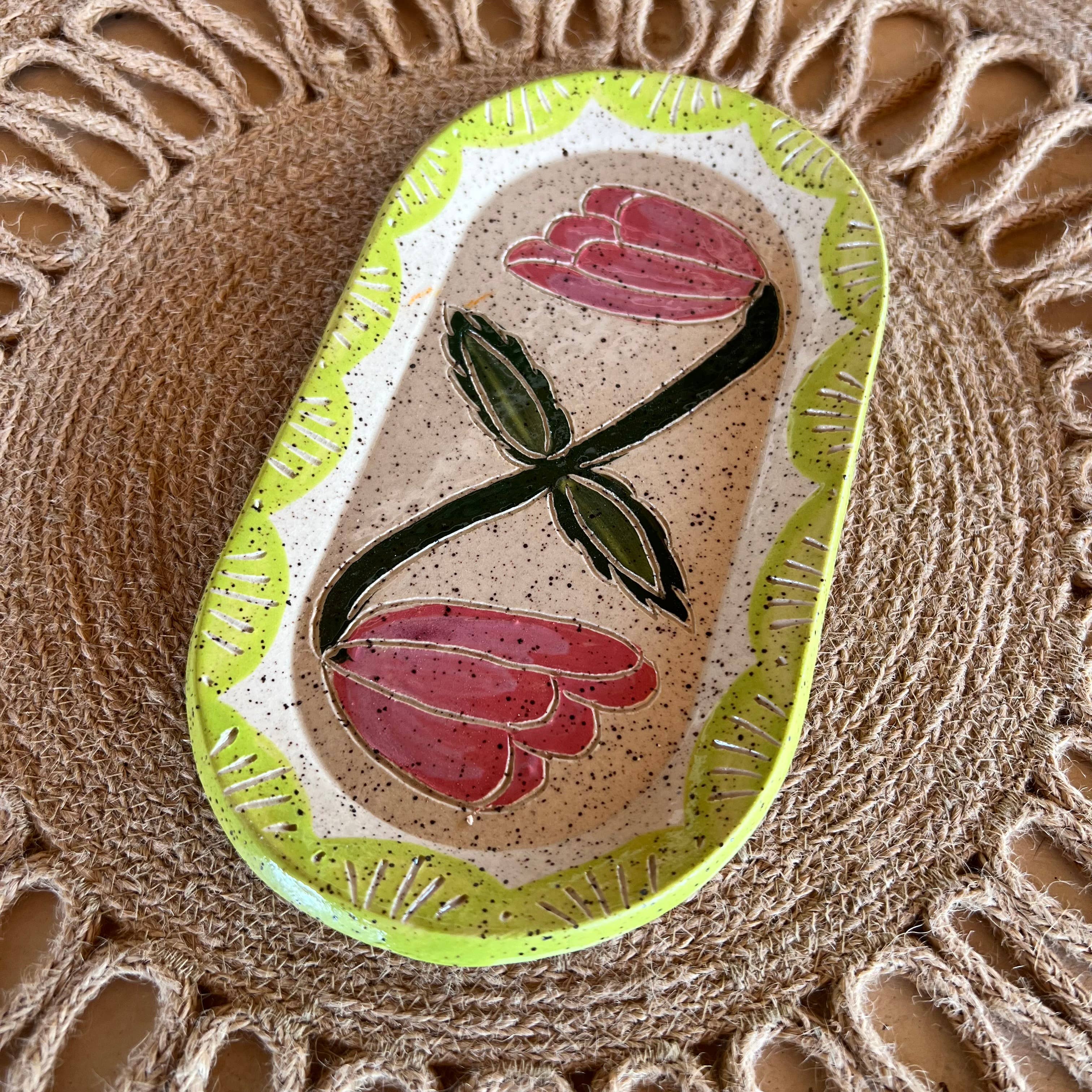 Zig-Zag Floral Sgraffito Trinket Dish