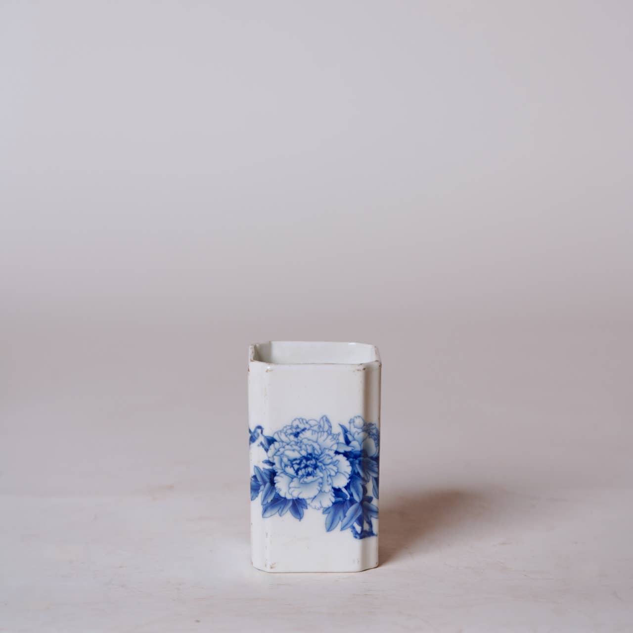 1920s Blue and White Porcelain Peony Square Vase