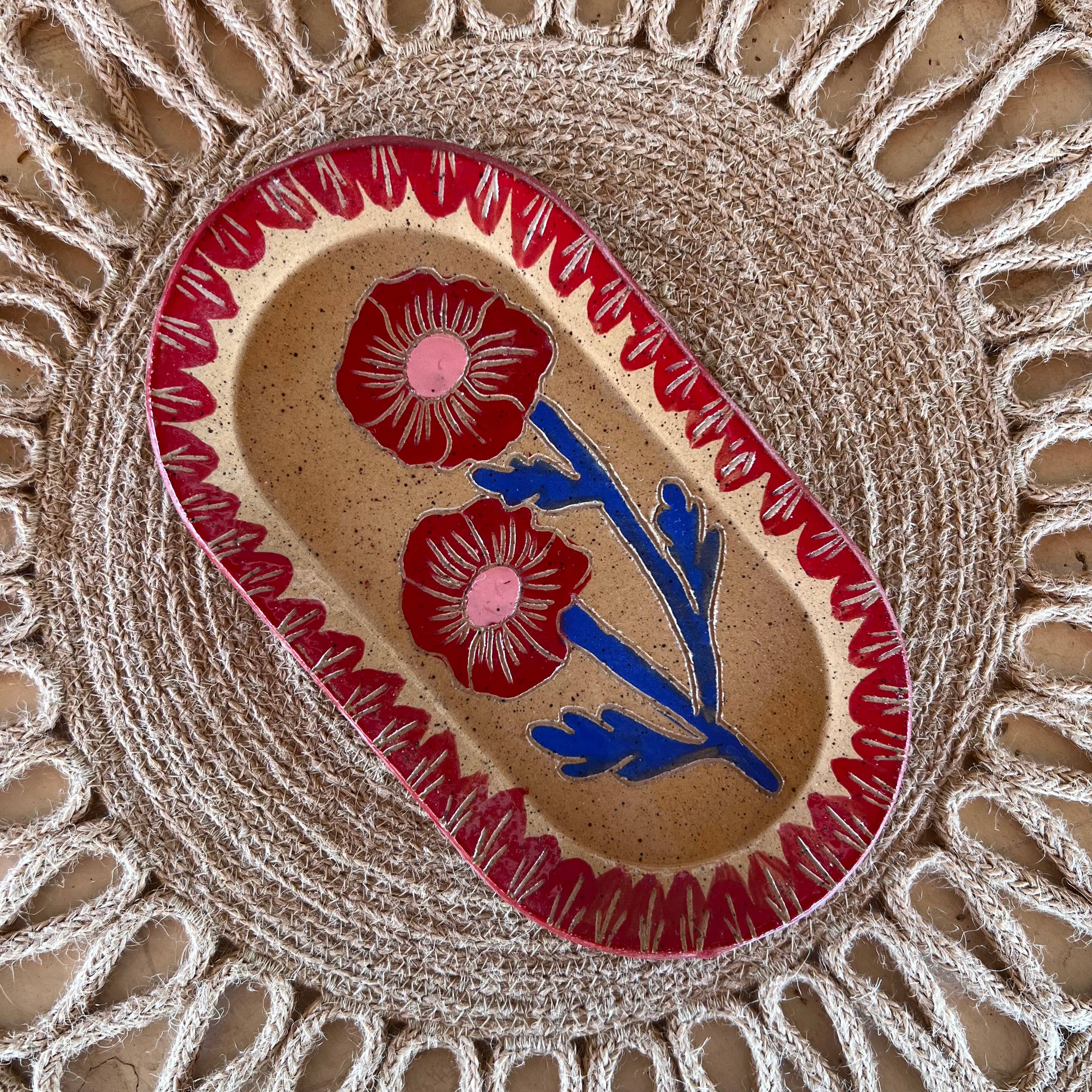 Red & Blue Blossom Sgraffito Dish
