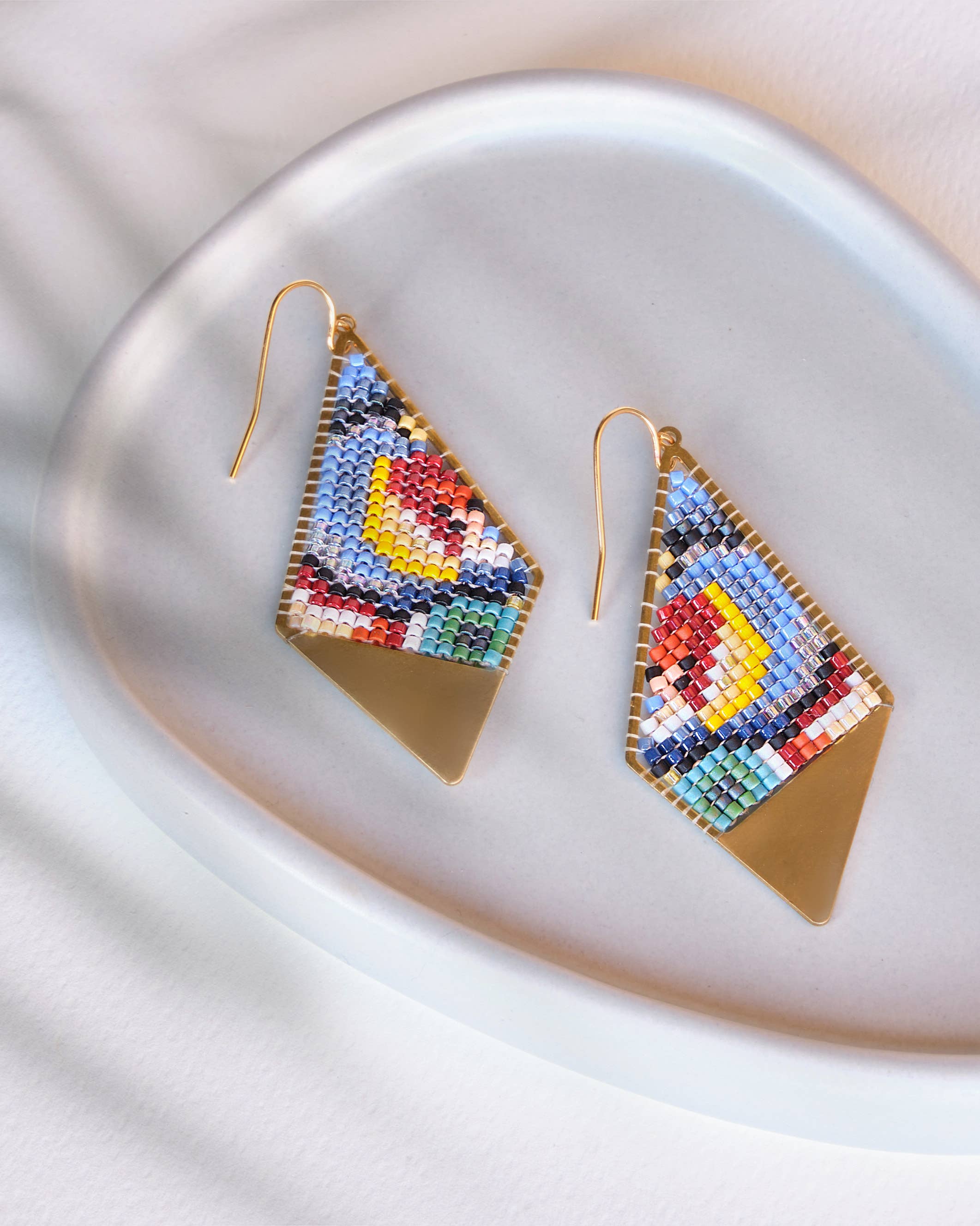 Beaded Handwoven Kaleidoscope Kite Earrings (Blue/Green)