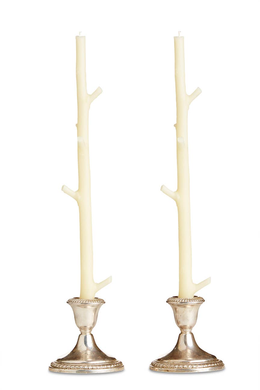 Pair of handmade maple stick beeswax taper candles cast from tree branches, 15 inches tall, made in North Carolina