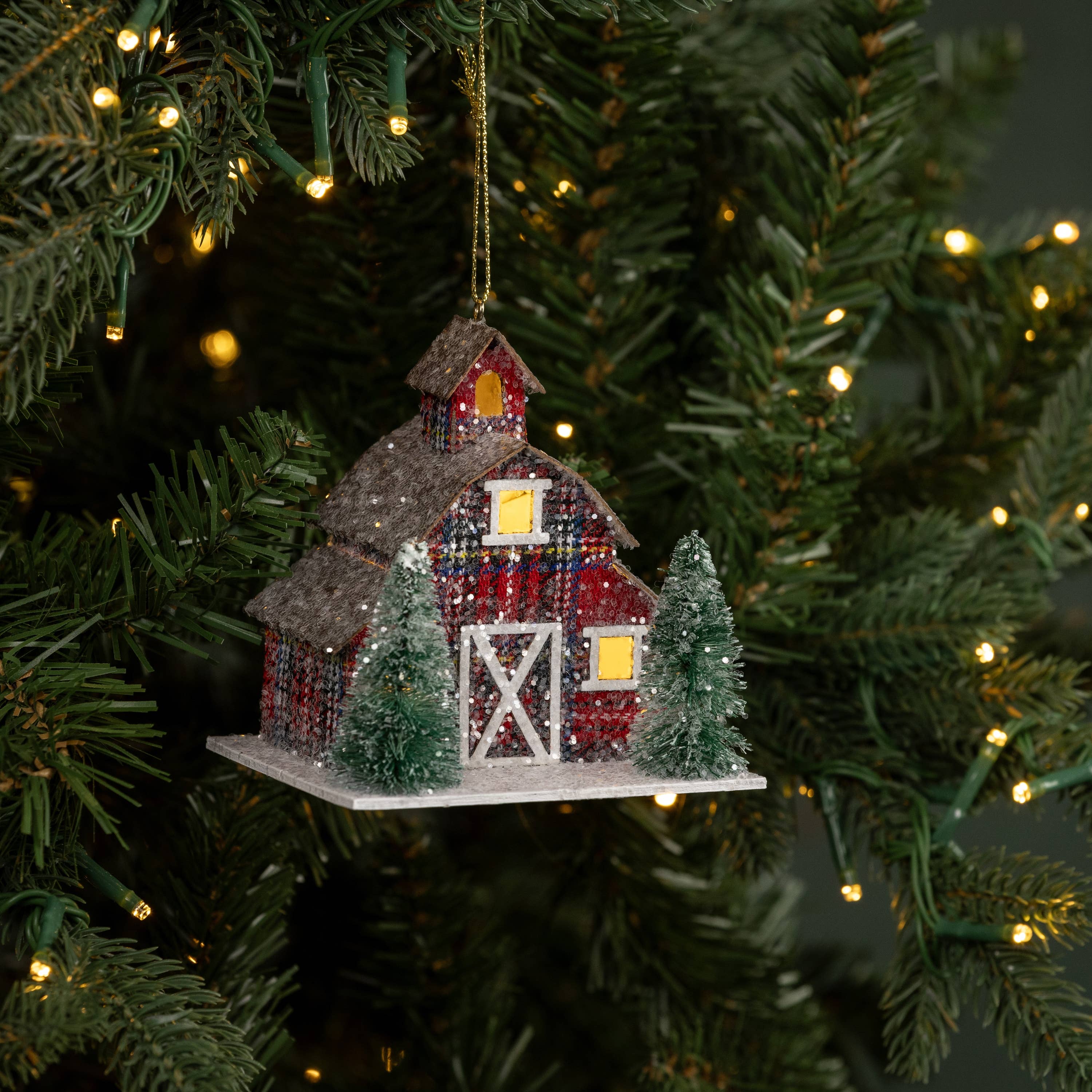 PLAID LIGHTED BARN ORNAMENT