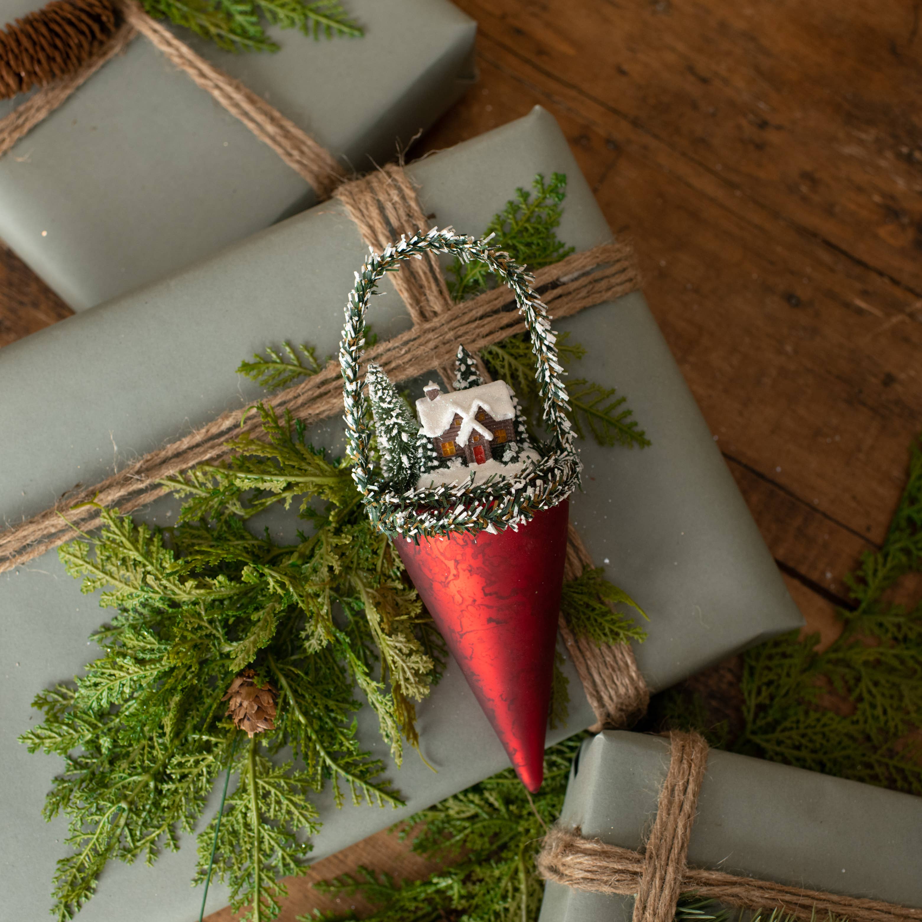 RED CONE W/ CABIN - WINTER ORNAMENT
