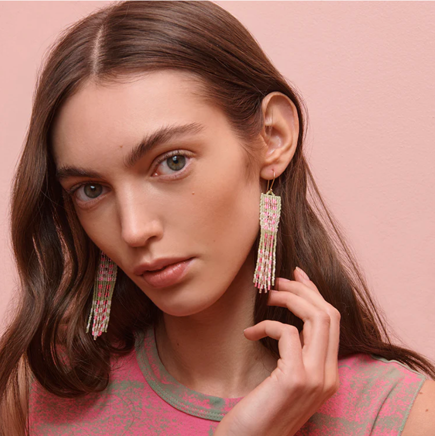 Beaded Pink Plaid Fringe Earrings