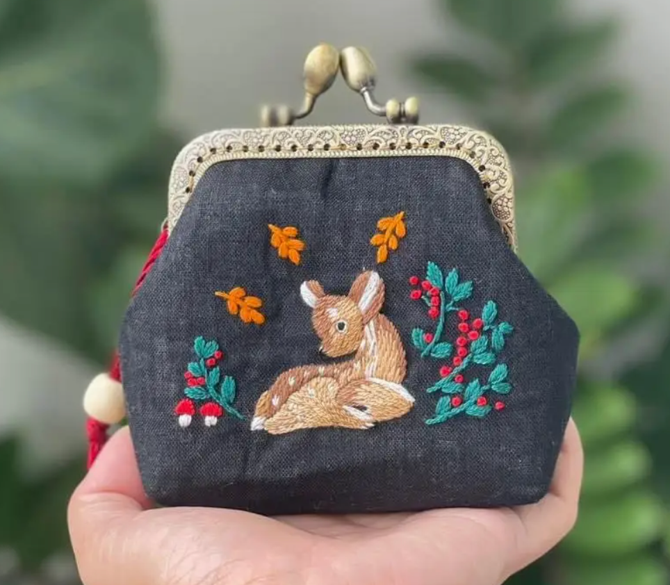 Deer Embroidered Navy Coin Purse