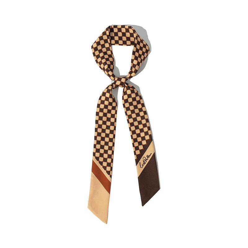 "Checkerboard" Silk Twill Skinny Scarf  - Coffee