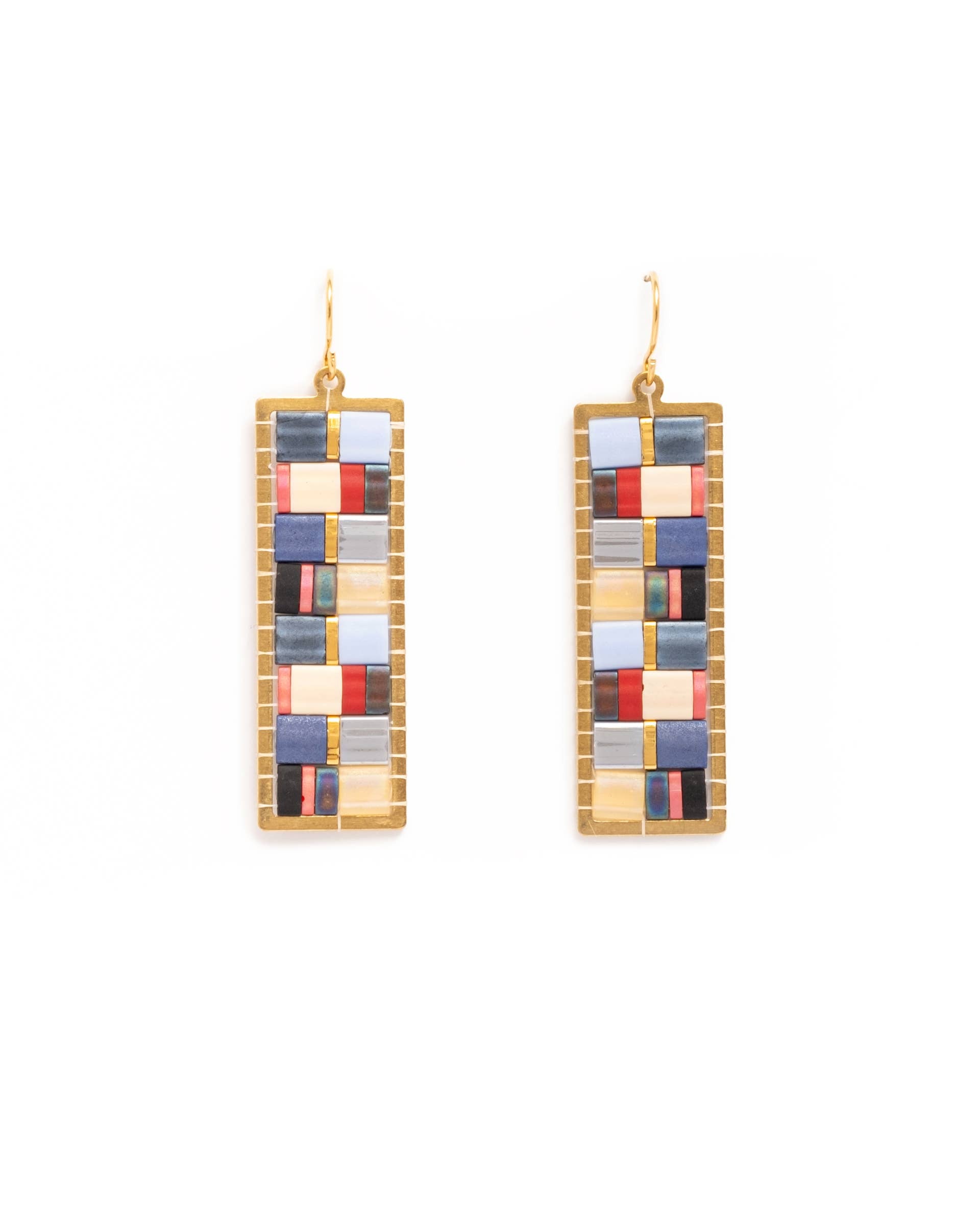 Beaded Handwoven Mosaic Tila and Brass Earrings (Blue/Red)