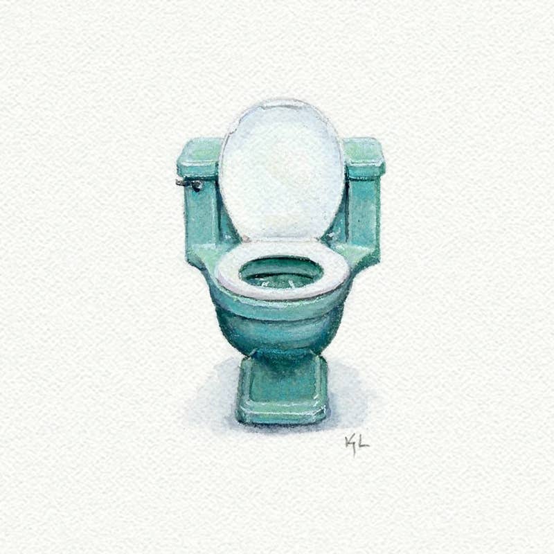 Vintage Toilet Commode bathroom art Miniature Watercolor Painting - Art Print