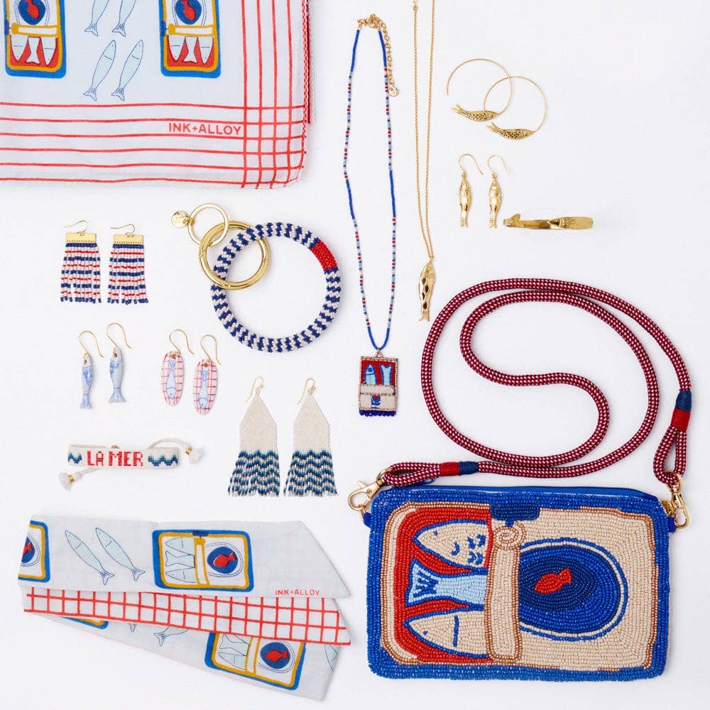 Chloe Small Stripe Beaded Key Ring Bracelet Navy, Ivory + Red Wholesale