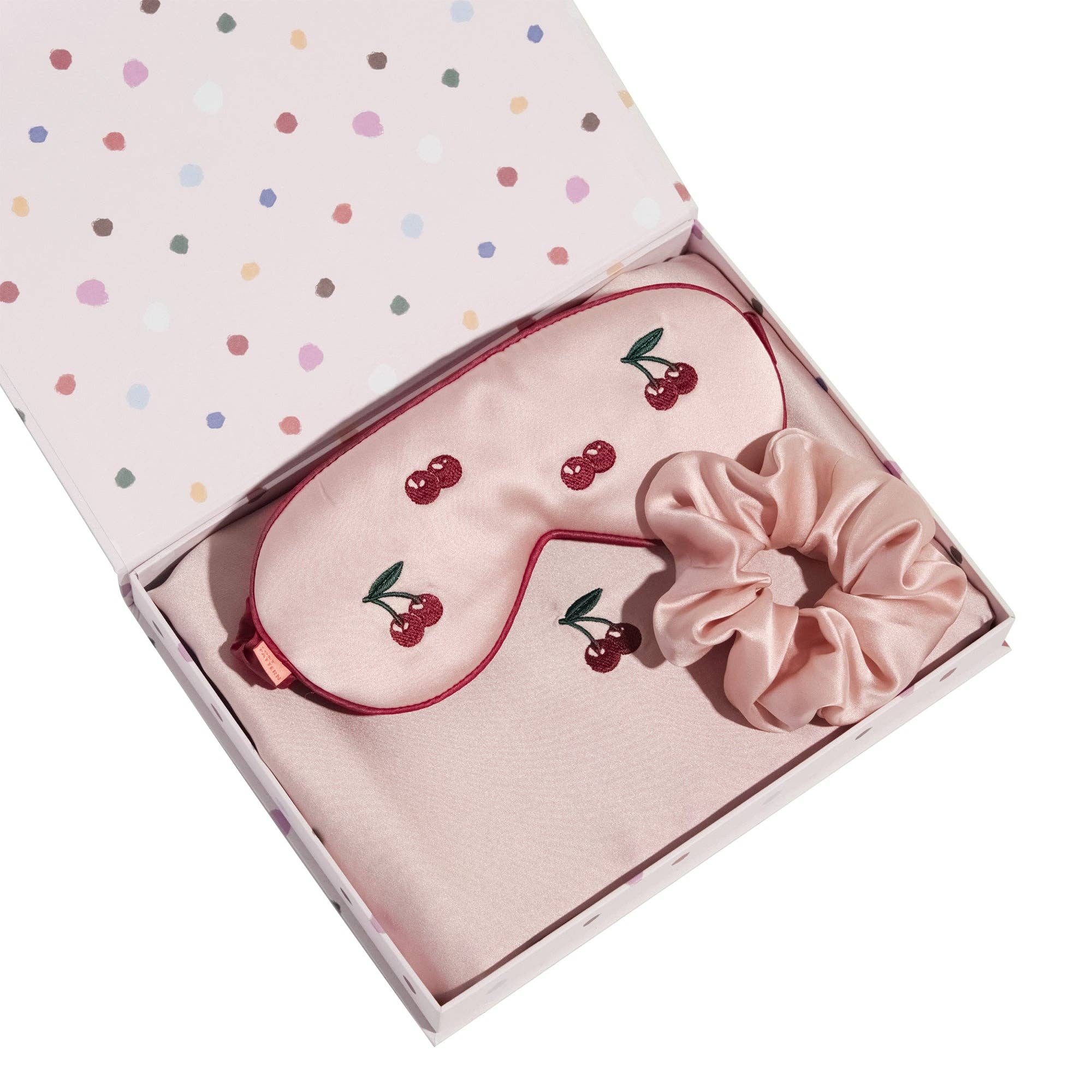 Lost Cherries 3 Piece Silk Gift Set - Silk Pillowcase & Silk Sleep Eye Mask & Silk Scrunchie