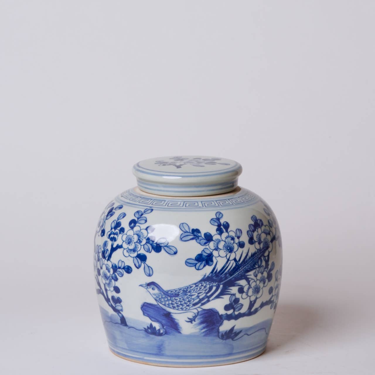 Blue and White Porcelain Pheasant and Flower Round Jar