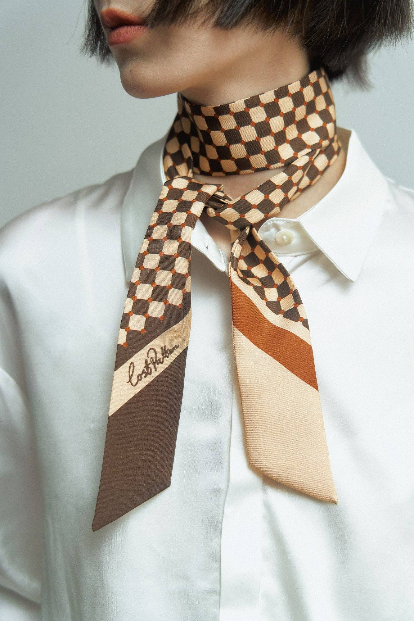 "Checkerboard" Silk Twill Skinny Scarf  - Coffee