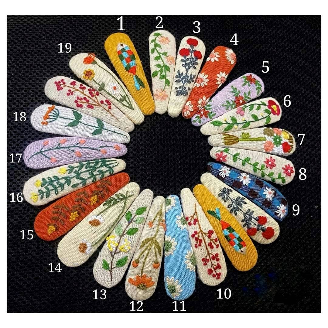 Floral Embroidered Linen Teardrop Hair Barrette - Set of 3