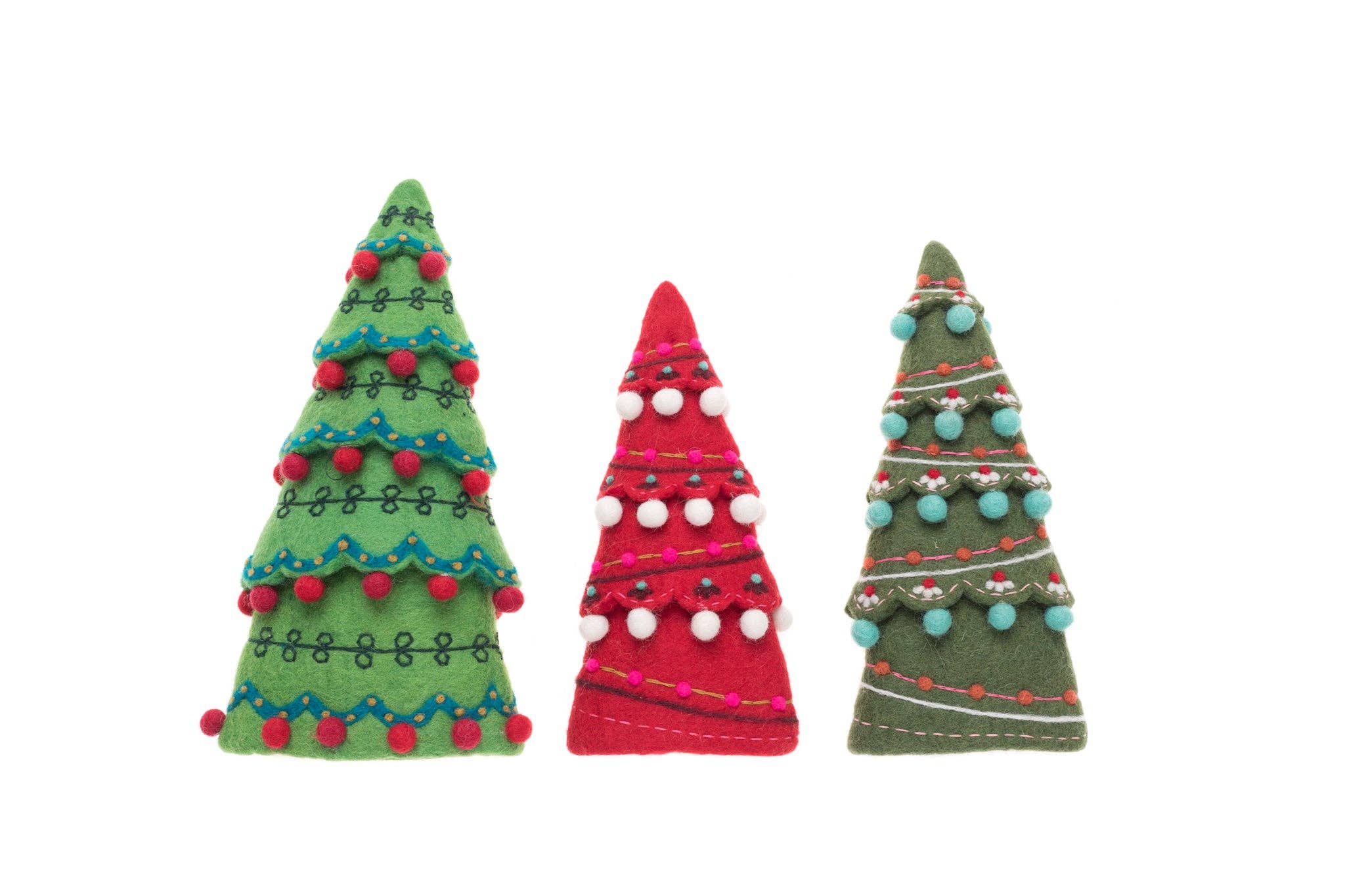 Felted Wool Sugar Plum Trees in traditional red, dark green and light green