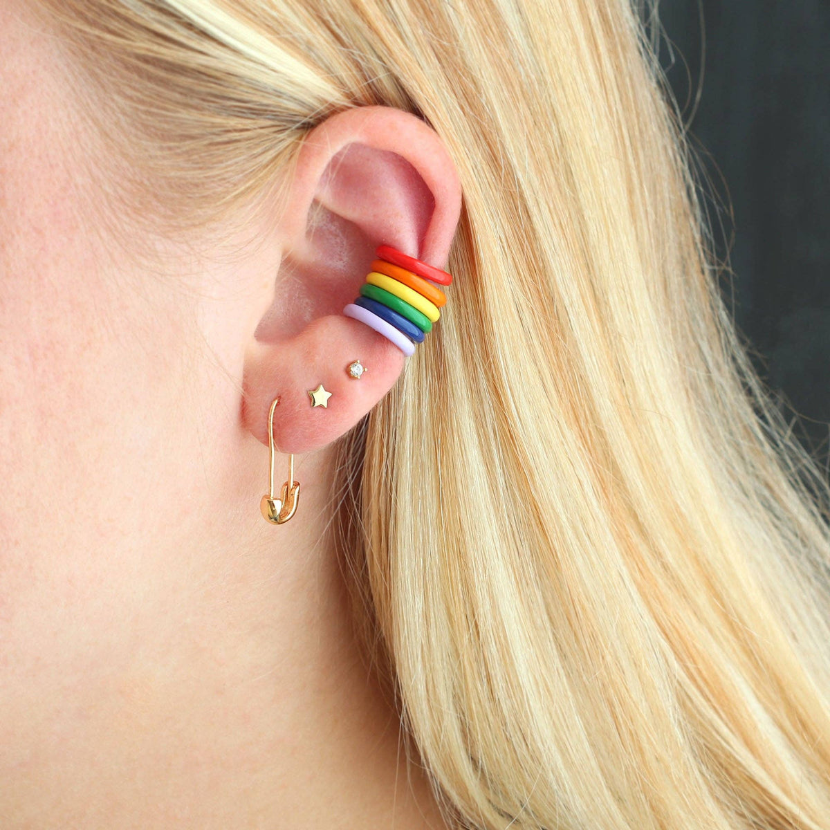 Side view of the gold vermeil safety pin hoop