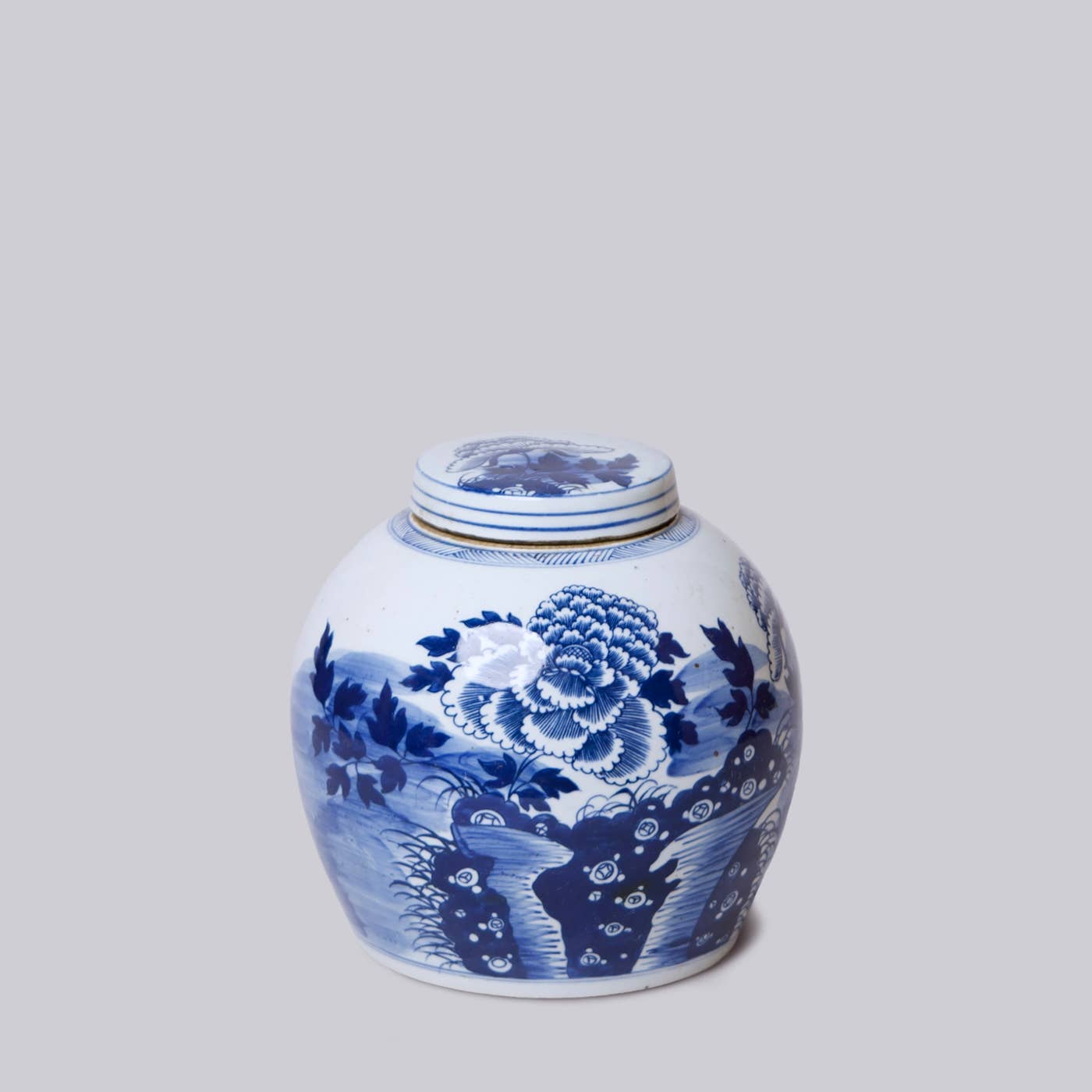 Luscious Peony Blue and White Porcelain Round Storage Jar