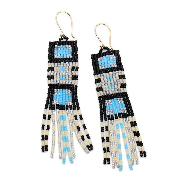 Beaded Black Plaid Fringe Earrings