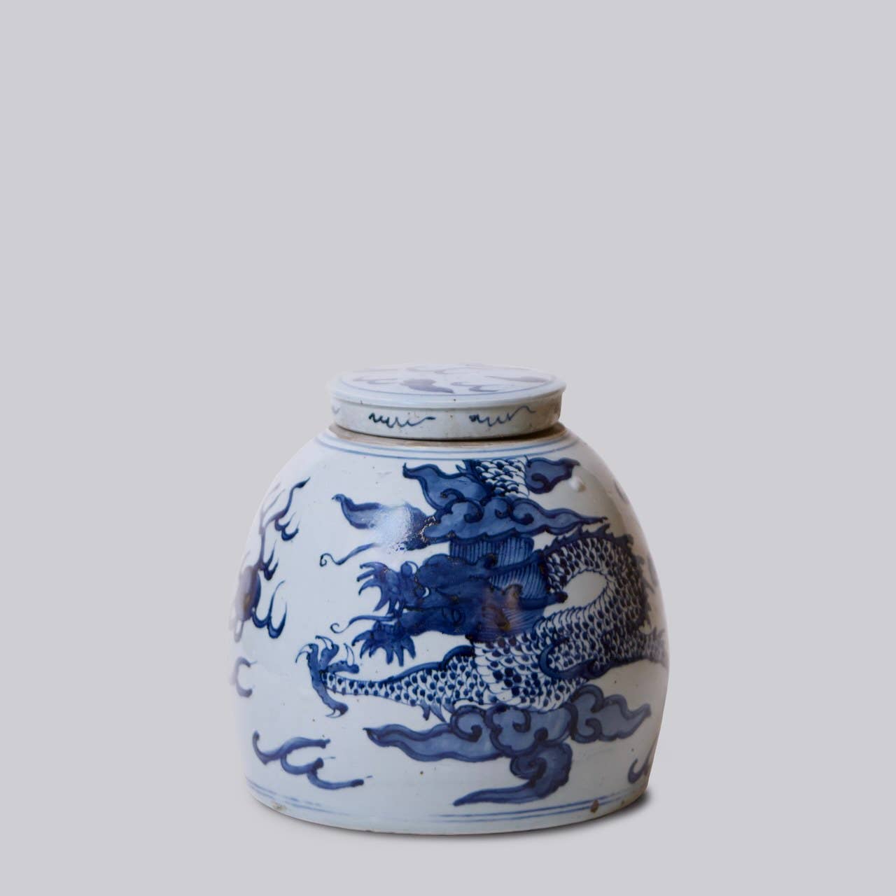 Squat Dragon Blue and White Porcelain Round Storage Jar