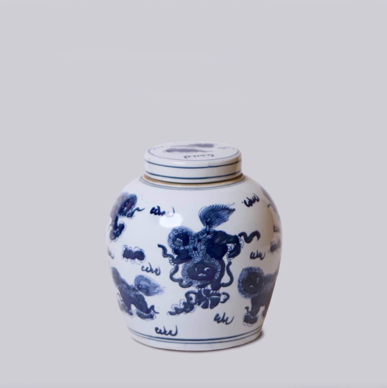 Lions Lidded Blue and White Porcelain Round Storage Jar