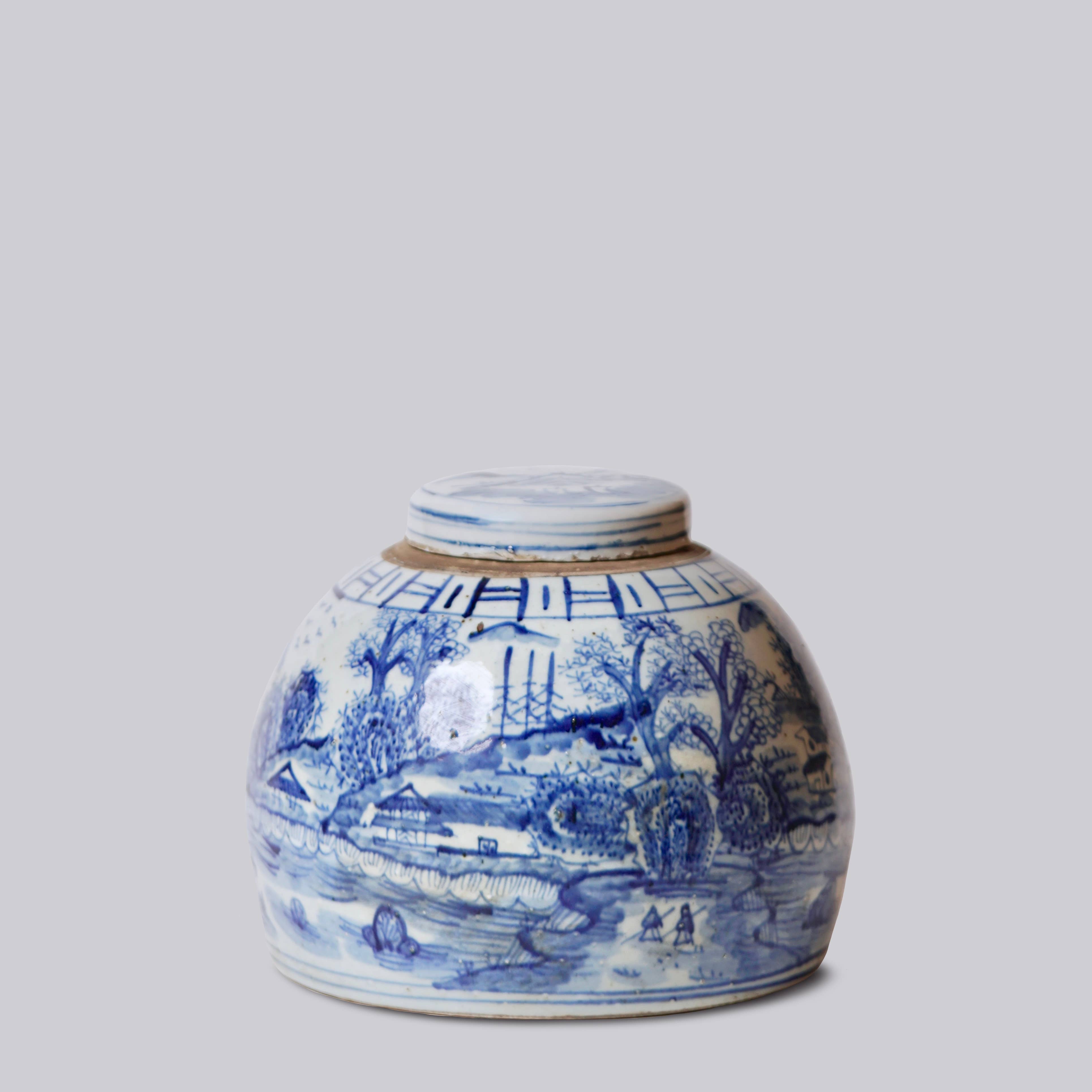 Lidded Blue and White Porcelain Landscape Storage Jar