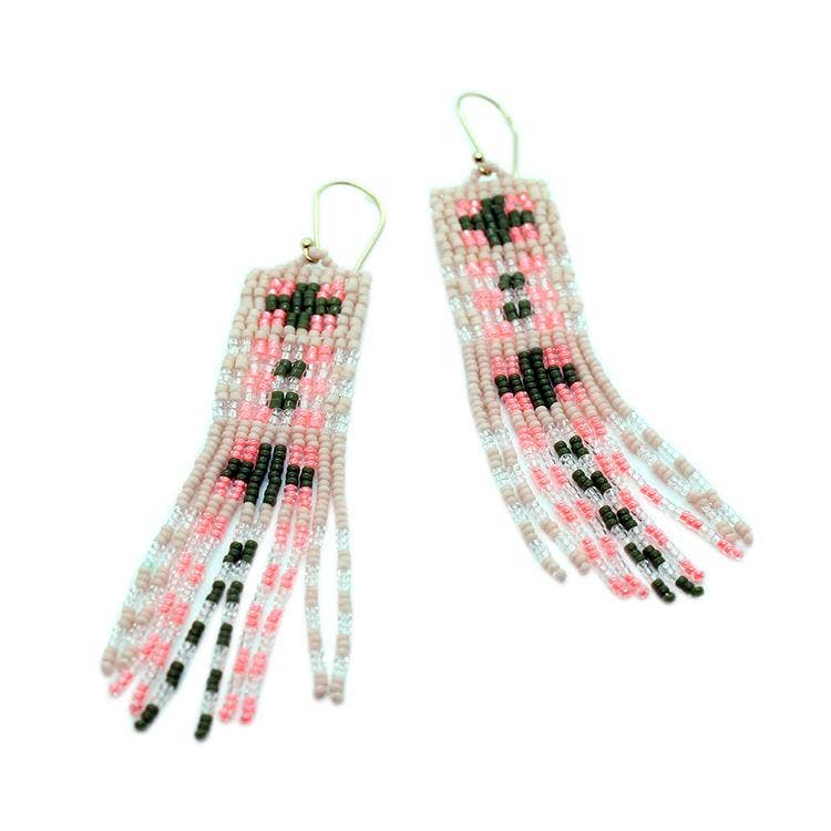 Beaded Pink Plaid Fringe Earrings